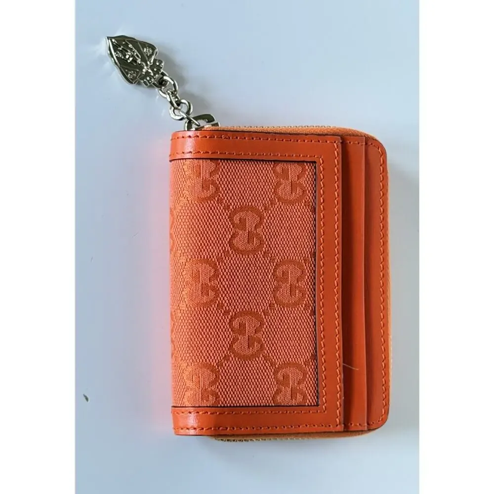 Gucci GG Print Bright Orange Zip Around Leather/Canvas Card Case Wallet IT NIB